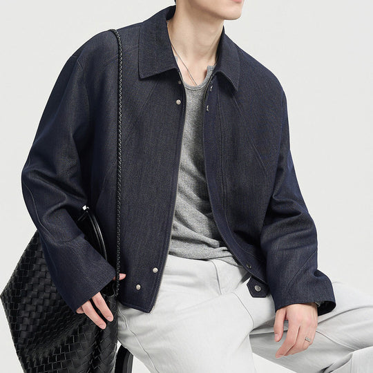 Herren Boxy-Jeansjacke im Minimalstil mit Hemdkragen und verdeckter Druckknopfblende Nord Taschen