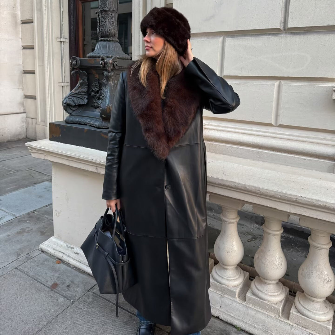 Damen Langer Ledermantel mit abnehmbarem Fellkragen und minimalistischer Silhouette Nord Taschen