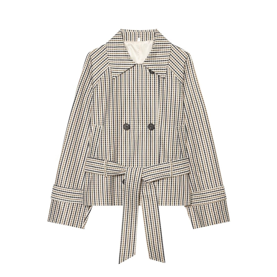 Damen Kurze taillierte Doppelreihige Trenchjacke mit Karo‑Muster und Bindegürtel Nord Taschen