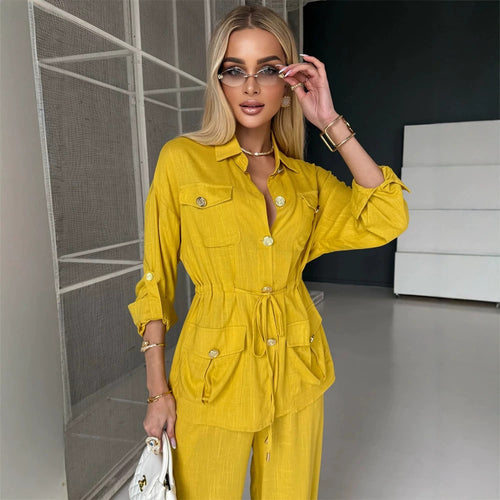 Damen Leinenoptik Utility-Hemdjacke mit Tunnelzugtaillierung und goldenen Zierknöpfen Nord Taschen
