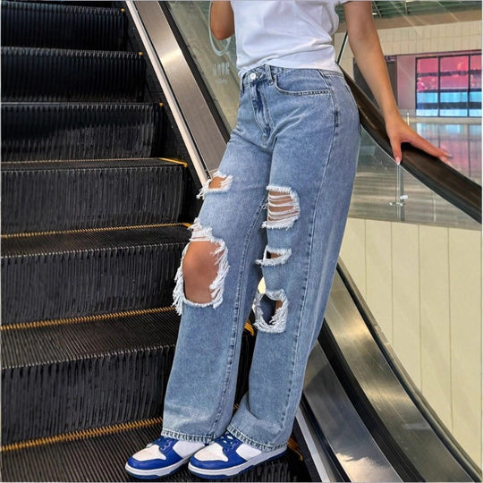 Damen High‑Waist Baggy-Jeans mit großflächigen Knie-Rips und geradem Bein Nord Taschen