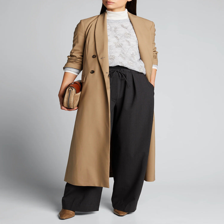 Damen Maxilanger Einreihiger Longcoat im minimalistischen Trenchstil mit weichem Fall Nord Taschen