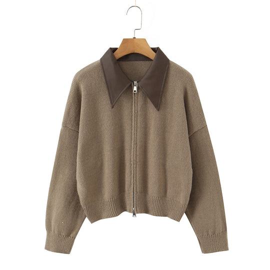 Damen 10+ Oversize Strickjacke mit Zweiwege‑Reißverschluss und spitzem Kontrastkragen Nord Taschen