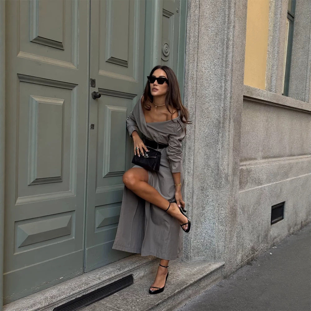 Damen Off-Shoulder Trenchkleid mit doppelreihiger Knopfleiste und tailliertem Lackgürtel Nord Taschen