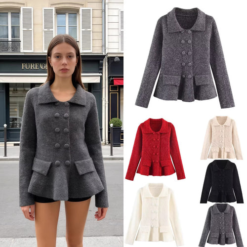 Damen Strukturierte Strickjacke mit Doppelreiher, taillenbetontem Peplum und Pattentaschen Nord Taschen