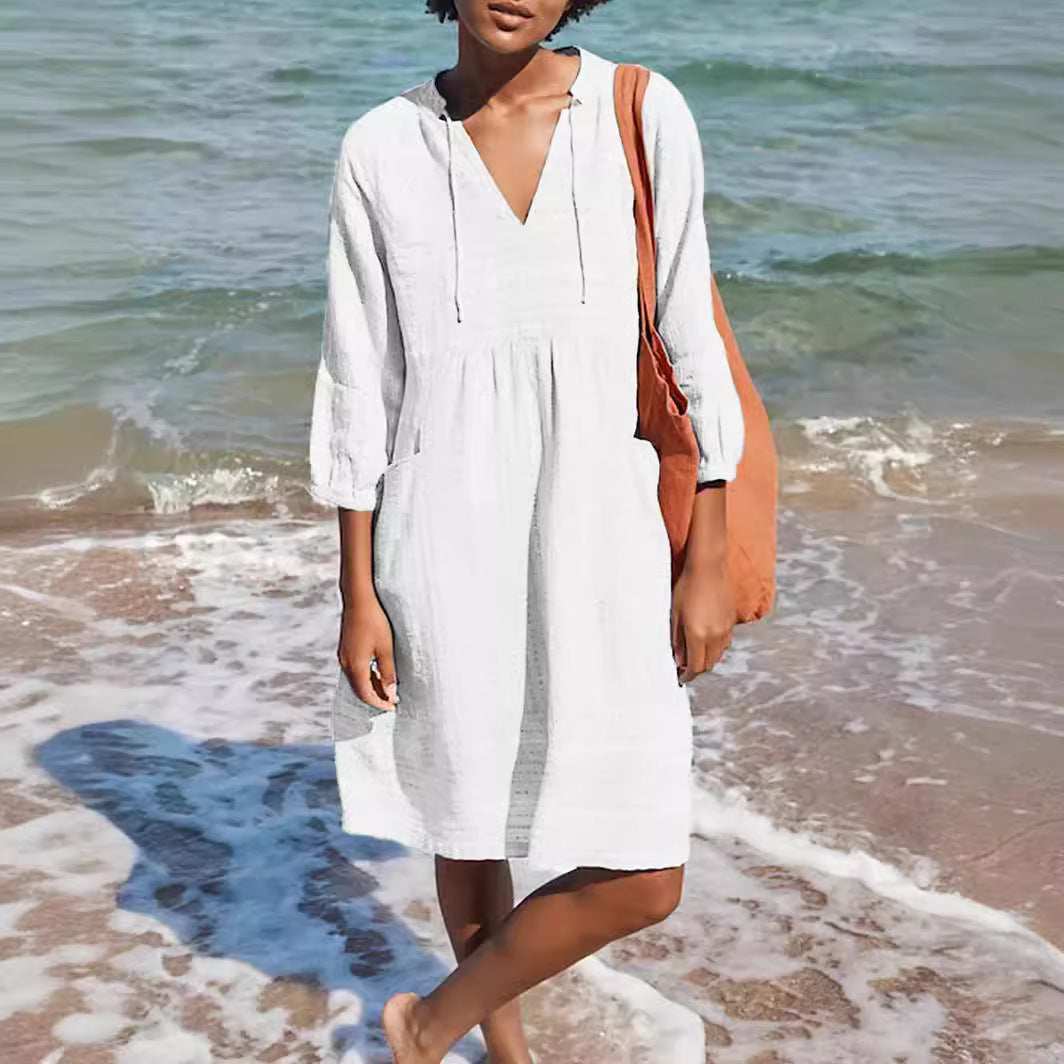 Damen lässiges Sommerkleid mit Kapuze und Taschen