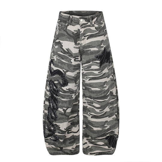 Damen Weite Camouflage‑Palazzo‑Hose mit Ballon‑Saum und dekorativen Stickdetails Nord Taschen