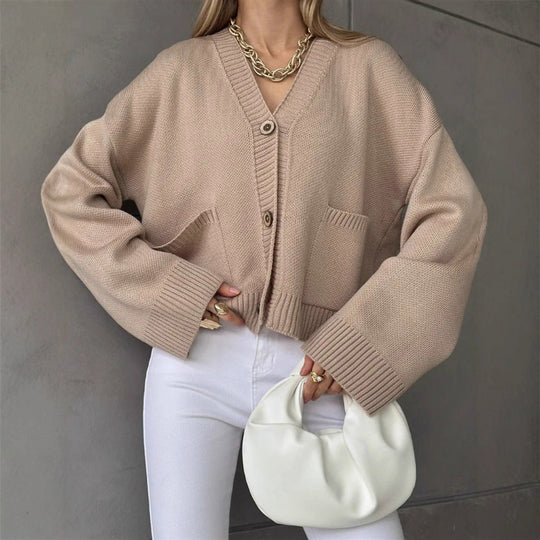 Strickjacke Damen lässig mit Knopfverschluss und großen Taschen