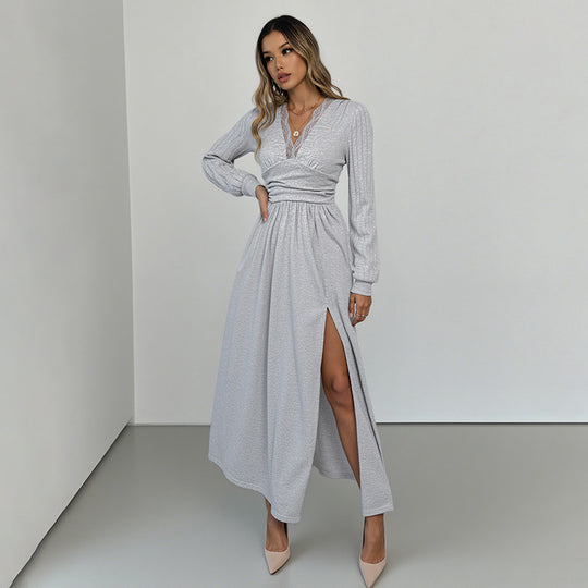 Damen Elegantes Wickel‑Maxikleid mit Spitzenbesatz, tailliertem Knotenbund und hohem Beinschlitz Nord Taschen