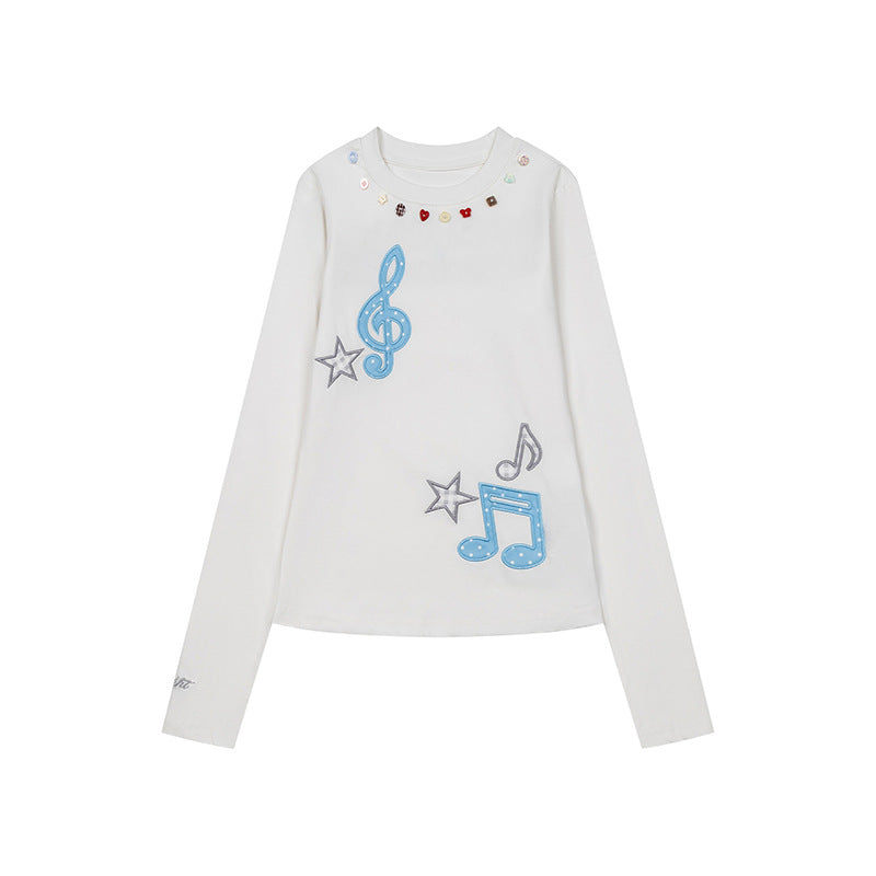 Damen Langarmshirt mit Paillettenkragen und Musiknoten-Applikationen Nord Taschen