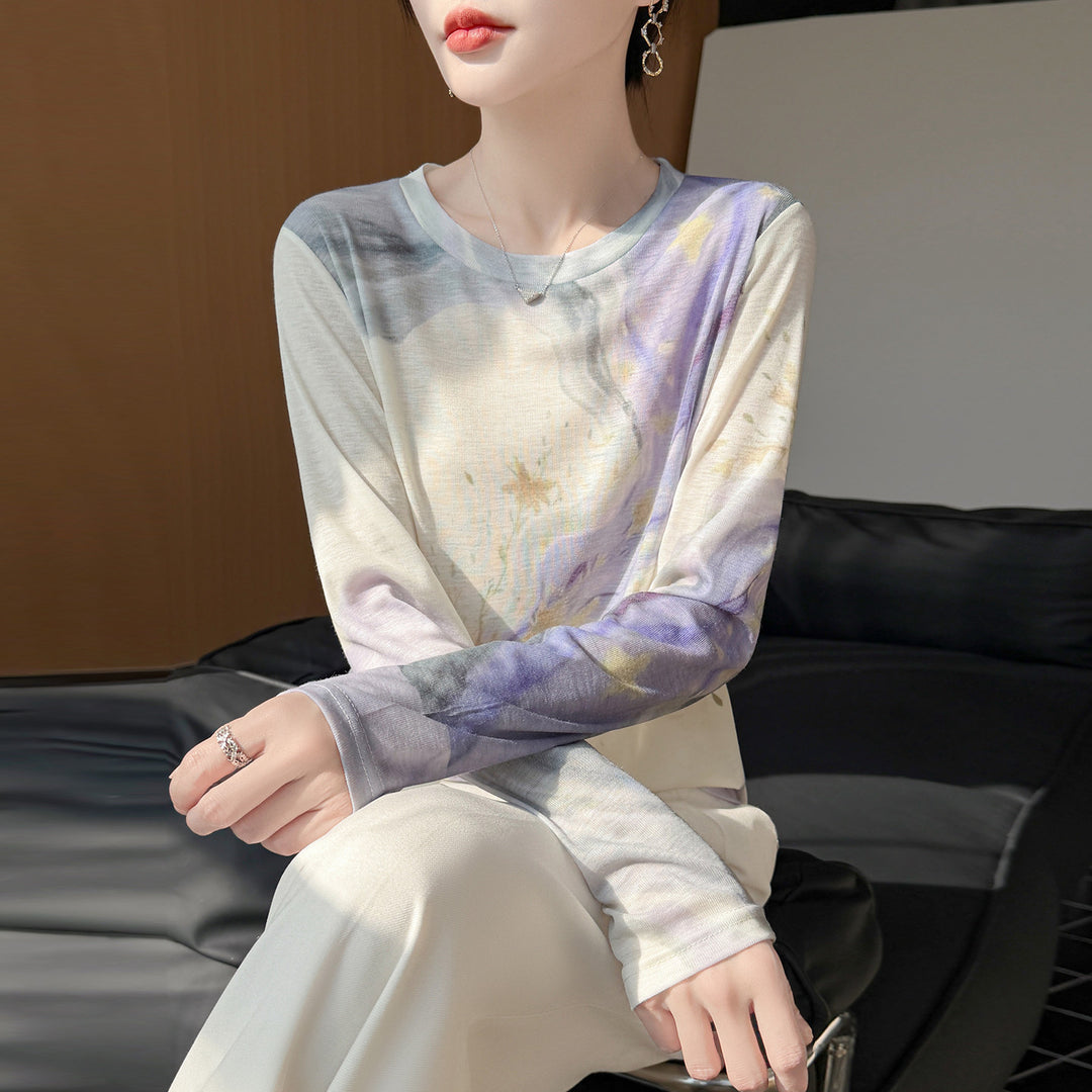 Damen Leichtes Langarmshirt aus Viskose-Mix mit Aquarellprint und Rundhalsausschnitt Nord Taschen
