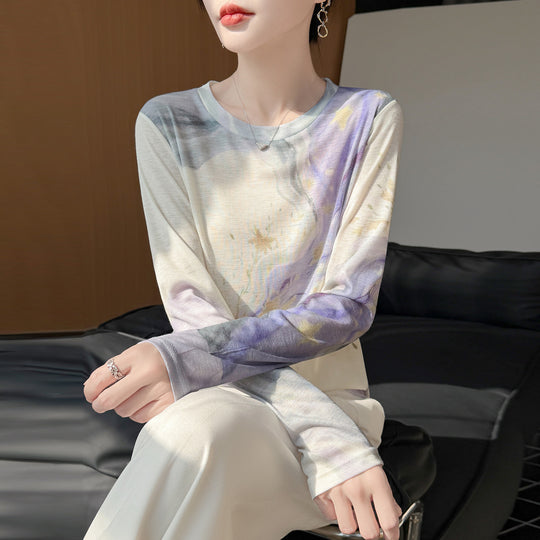 Damen Leichtes Langarmshirt aus Viskose-Mix mit Aquarellprint und Rundhalsausschnitt Nord Taschen