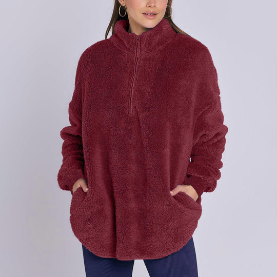 Damen Flauschiger Oversize-Sherpa-Pullover mit Halbzip und Kängurutaschen Nord Taschen