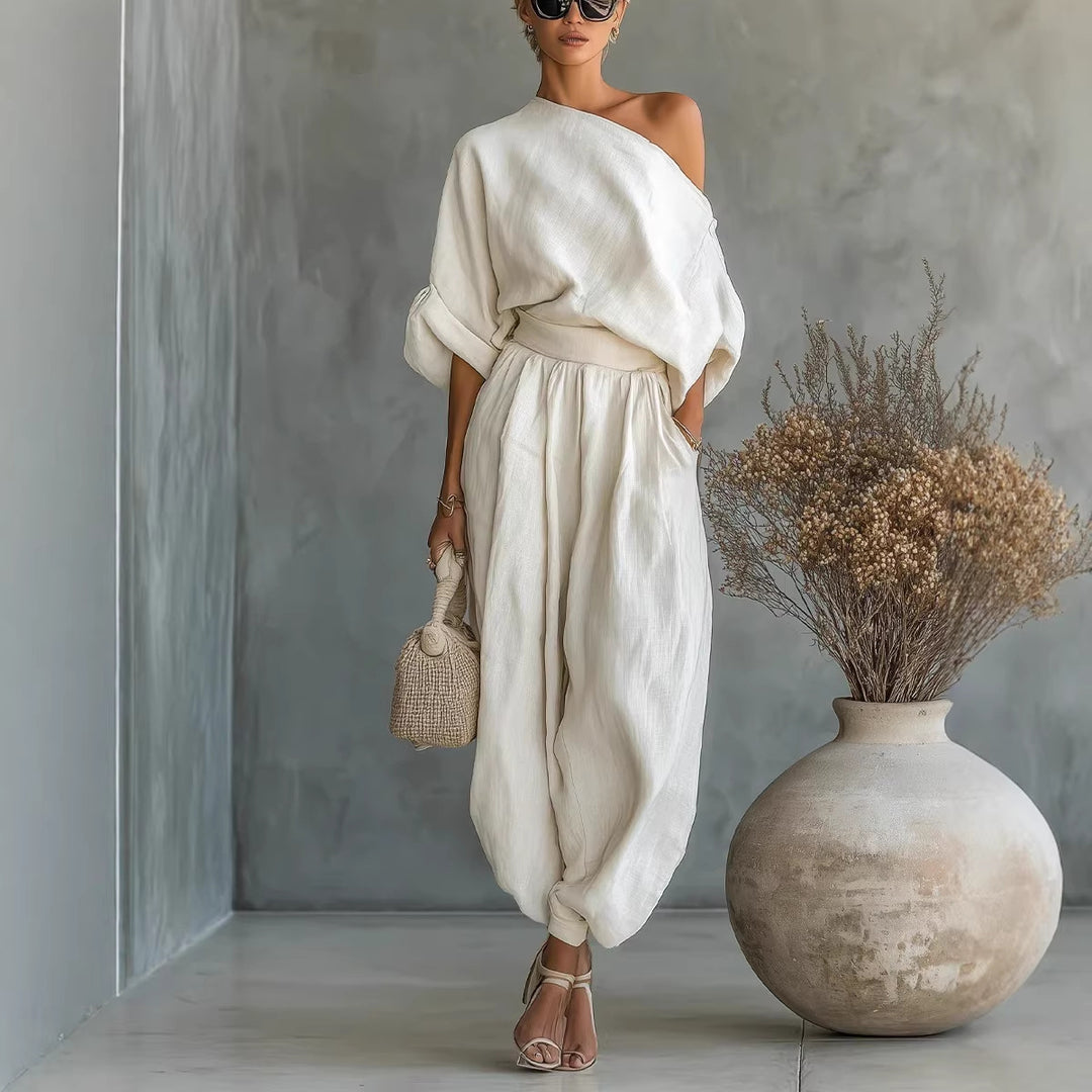 Damen Leinen-Set mit One-Shoulder-Oberteil und weiten Haremshosen Nord Taschen