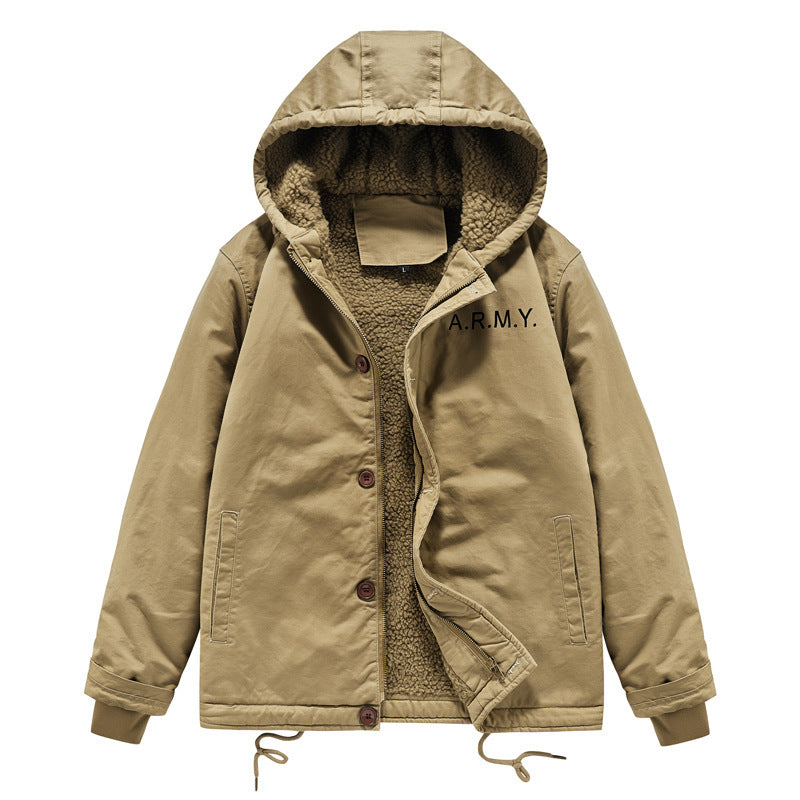 Herren wattierte Kapuzenjacke im Canvas‑Look mit Sherpa‑Futter und Militärprint Nord Taschen