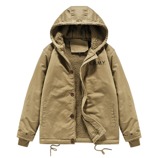 Herren wattierte Kapuzenjacke im Canvas‑Look mit Sherpa‑Futter und Militärprint Nord Taschen