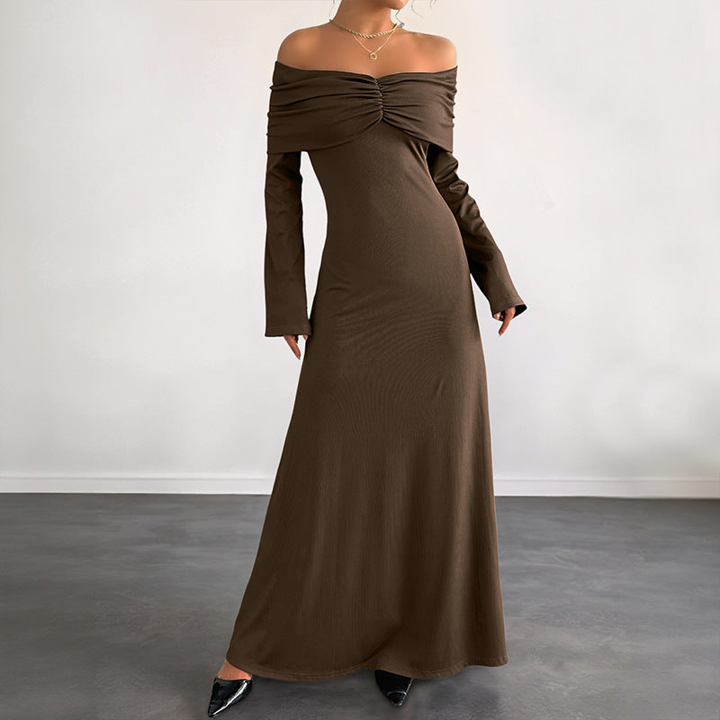 Damen Off-Shoulder Maxikleid mit geraffter Brustpartie und schmaler A‑Linie Nord Taschen