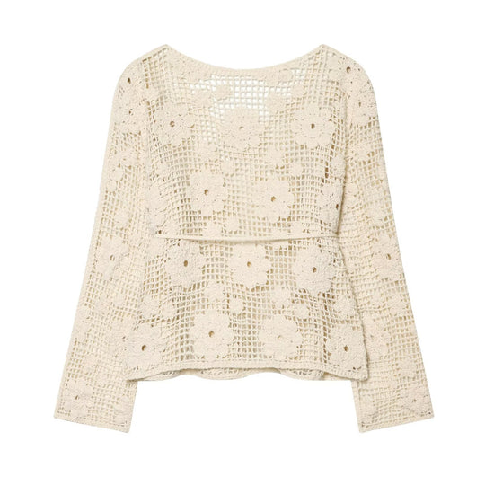 Damen Häkelbluse mit floralem Crochet‑Motiv, V‑Ausschnitt und Tunnelzug Nord Taschen
