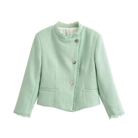 Damen Kurz geschnittene Bouclé-Tweedjacke mit Fransenbesatz und Rundhalsausschnitt Nord Taschen