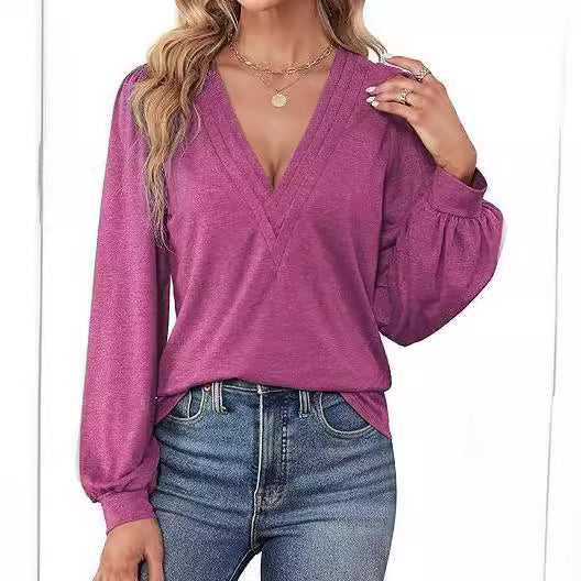Damen lässiges V-Ausschnitt Shirt mit Puffärmeln und eleganter Raffung Nord Taschen