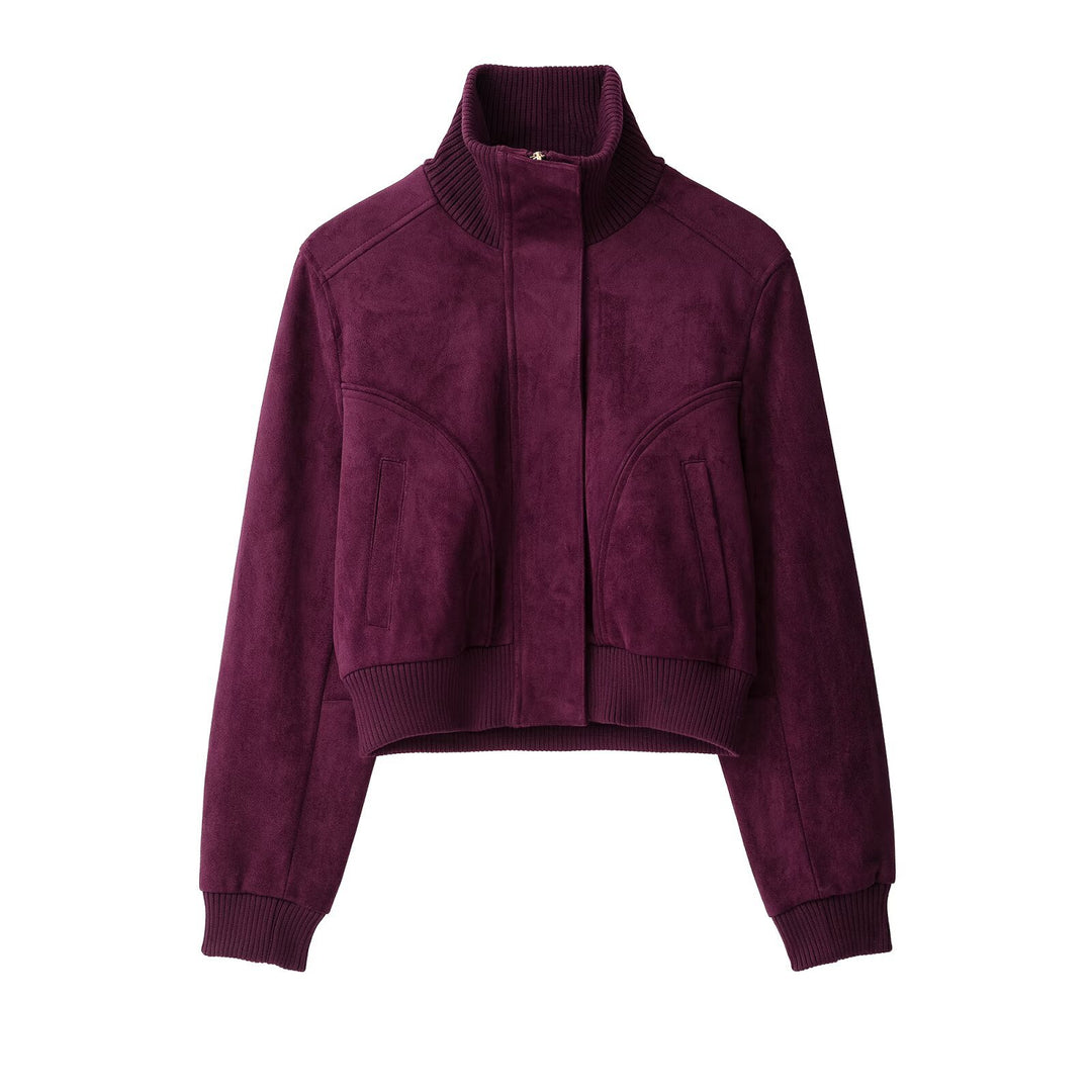 Damen Kurze Velours‑Optik‑Bomberjacke mit hohem Rippstehkragen und verdecktem Reißverschluss Nord Taschen