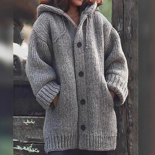 Damen Langgezogener Grobstrick-Mantelcardigan mit Kapuze, überschnittener Schulter und großen Knöpfen Nord Taschen