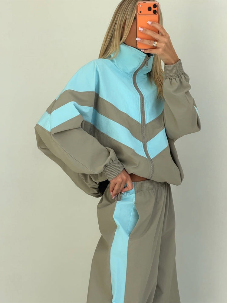 Damen Oversize-Trainingsanzug-Set mit Stehkragen und Kontraststreifen Nord Taschen