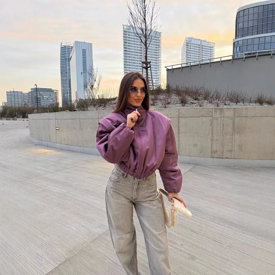 Damen Gepolsterte Cropped-Übergangsjacke mit Stehkragen, Ballonärmeln und elastischem Saum Nord Taschen