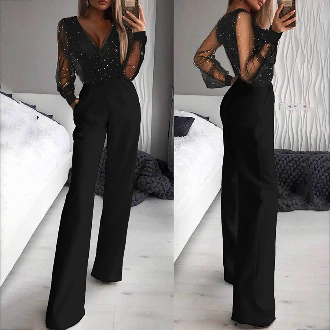 Damen Eleganter Jumpsuit mit transparenten Ärmeln und funkelnden Details - Vittorelli