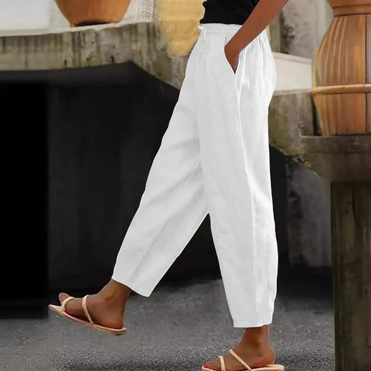 Damen Leinen-Mischung Cropped-Hose mit elastischem Bund, Kordelzug und Seitentaschen Nord Taschen