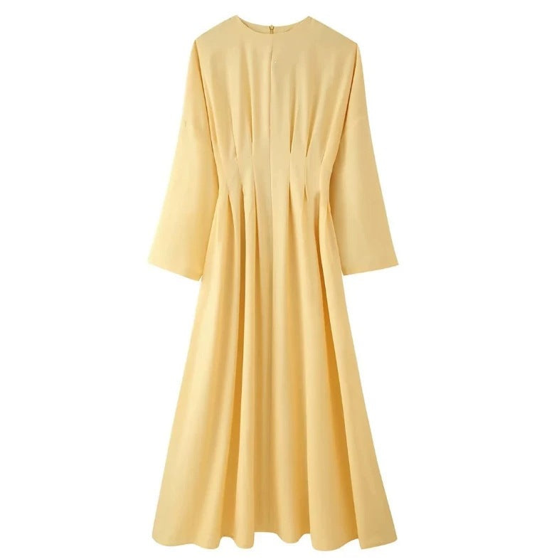 Damen Maxikleid mit plissierten Oberteilfalten, weitem Rock und langen Glockenärmeln Nord Taschen