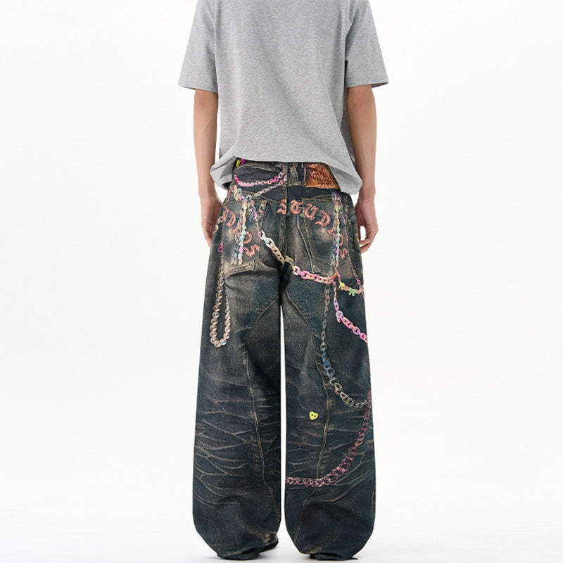 Herren Baggy-Denim-Jeans mit handbemaltem Kettenprint und Applikationen Nord Taschen