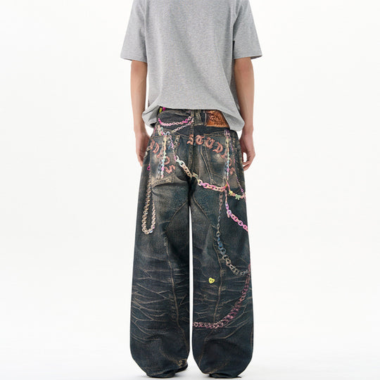Herren Baggy-Denim-Jeans mit handbemaltem Kettenprint und Applikationen Nord Taschen