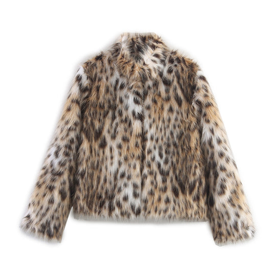 Damen Kurzjacke aus Kunstfell im Leopardenmuster mit Boxy‑Schnitt und Stehkragen Nord Taschen
