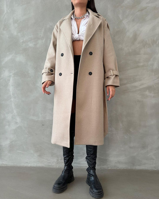 Damen Oversize Wollmix-Mantel mit doppelreihiger Knopfleiste und Taillengürtel Nord Taschen
