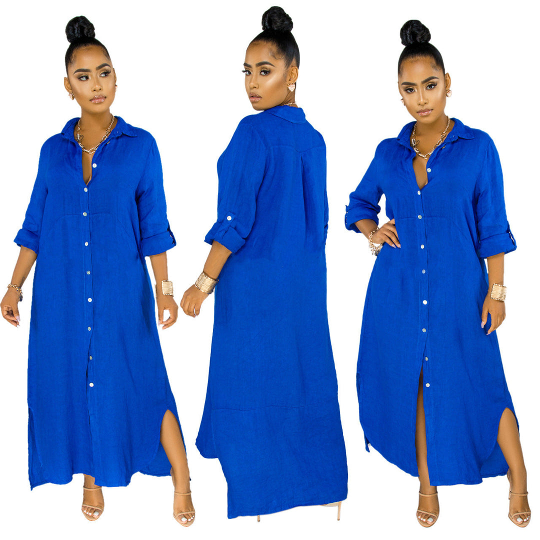 Damen lässiges Hemdkleid mit seitlichen Schlitzen und langfristiger Passform