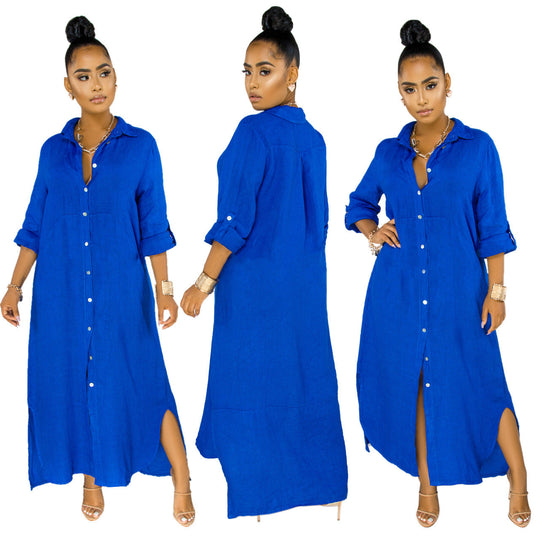 Damen lässiges Hemdkleid mit seitlichen Schlitzen und langfristiger Passform