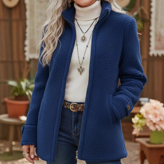 Damen Kuscheliger Teddy-Cardigan-Mantel mit Stehkragen, verdecktem Reißverschluss und Zierknopfmanschetten Nord Taschen