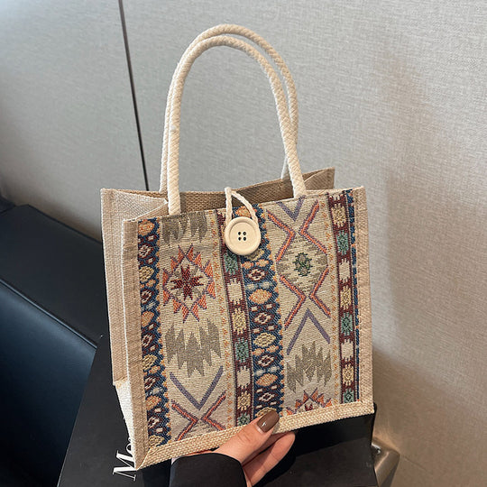 Damen Jute Tragetasche mit kunstvollem Ethnomuster Nord Taschen