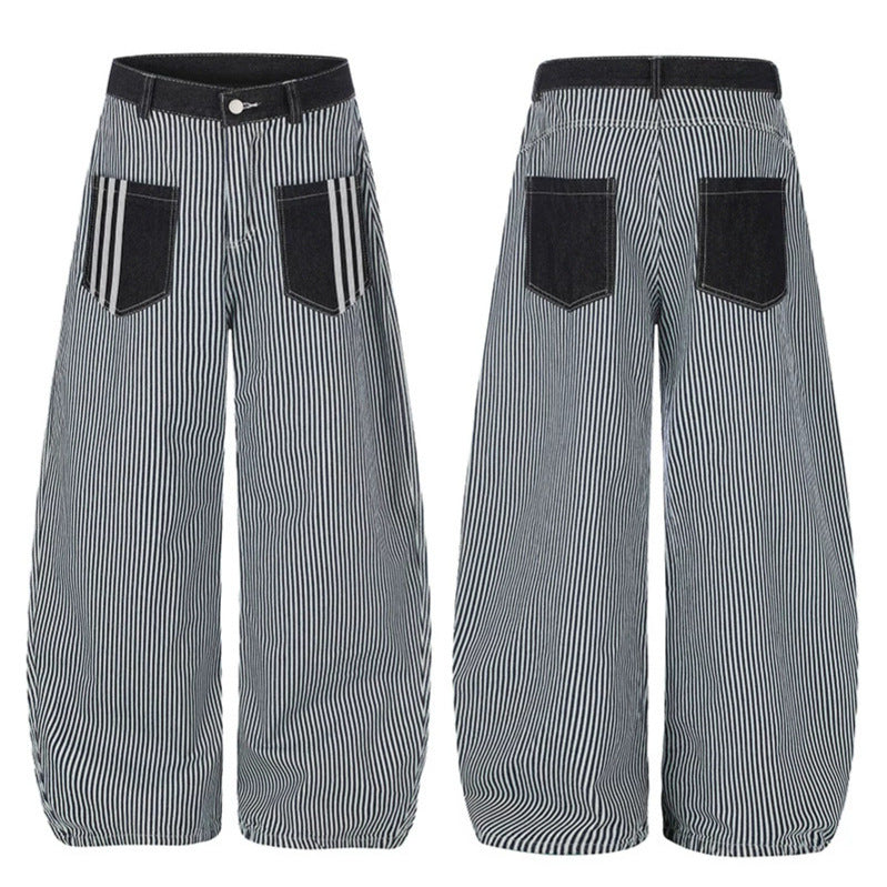 Damen Weite Streifen-Palazzo-Culotte mit hohem Bund, Gürtelschlaufen und aufgesetzten Kontrasttaschen Nord Taschen