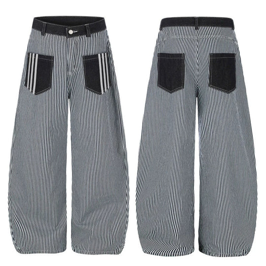 Damen Weite Streifen-Palazzo-Culotte mit hohem Bund, Gürtelschlaufen und aufgesetzten Kontrasttaschen Nord Taschen