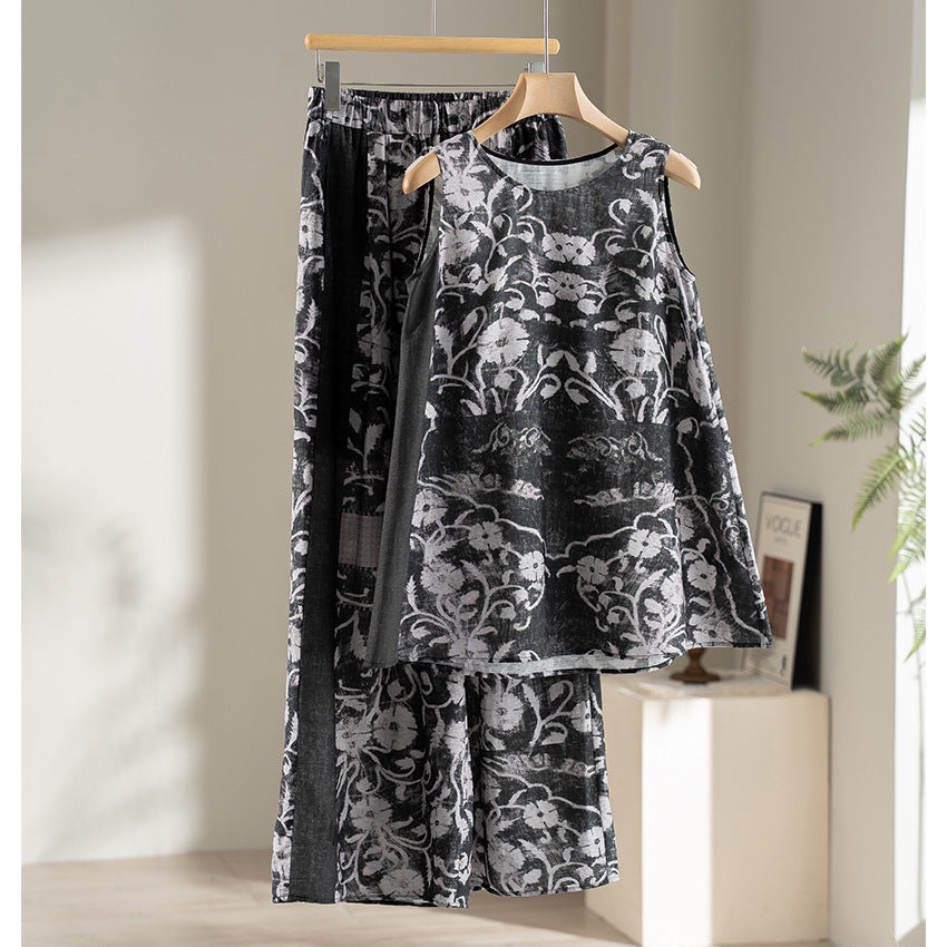 Damen Weite Leinenmix-Hose mit Elastikbund, Palazzoschnitt und ornamentalem Print Nord Taschen