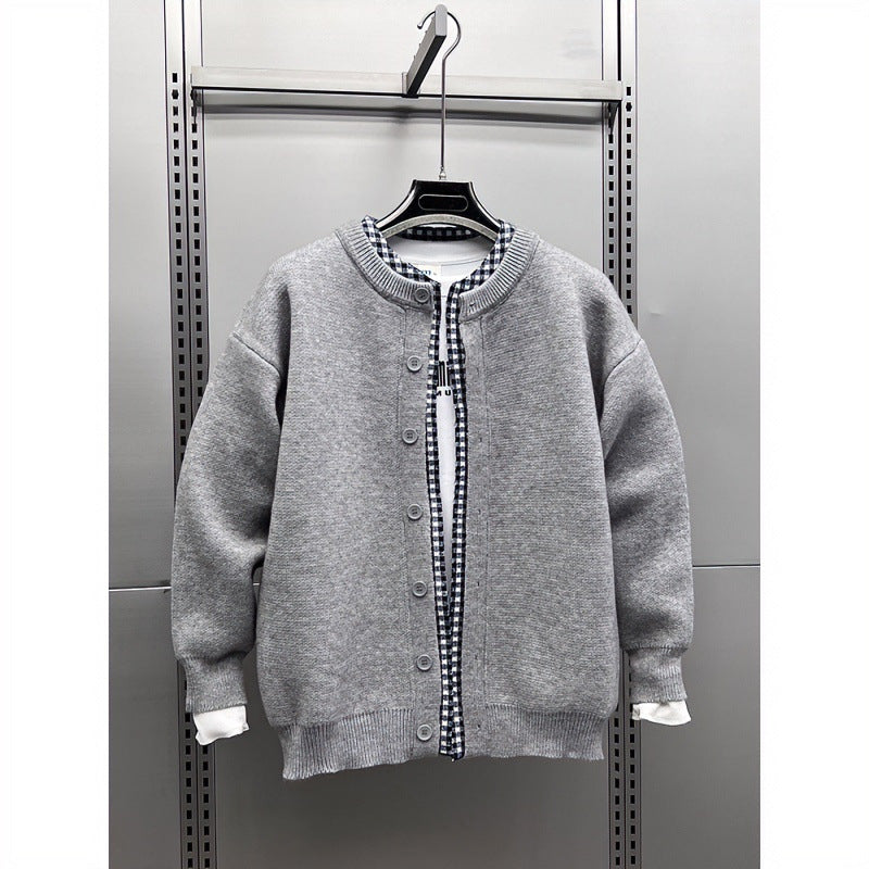 Unisex Lässige Strickjacke im Layering-Look mit Rundhals und Kontrast-Karoinnenschicht Nord Taschen