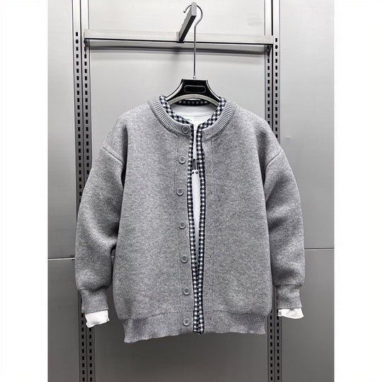 Unisex Lässige Strickjacke im Layering-Look mit Rundhals und Kontrast-Karoinnenschicht Nord Taschen