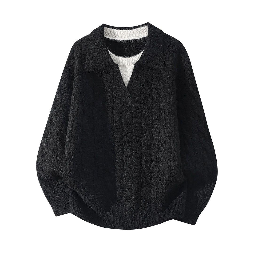 Damen Oversize Zopfmuster-Pullover mit offenem Polokragen & Layer‑Look Nord Taschen