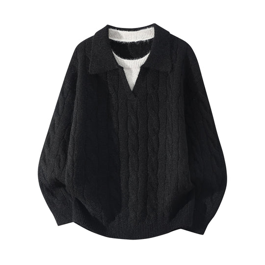 Damen Oversize Zopfmuster-Pullover mit offenem Polokragen & Layer‑Look Nord Taschen