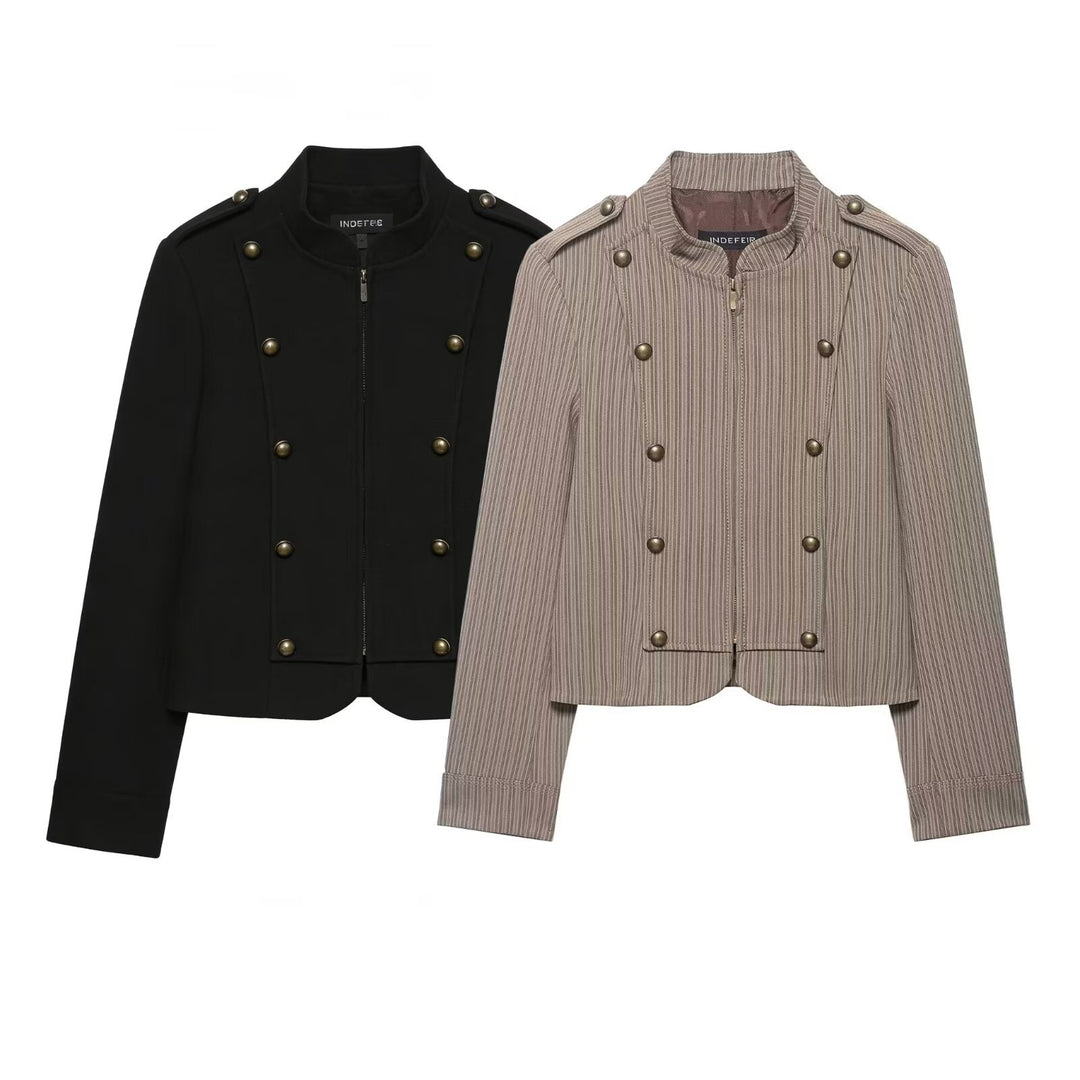 Damen Kurzjacke im Military-Stil mit Stehkragen, Zierknopfleiste und feinem Nadelstreifen Nord Taschen