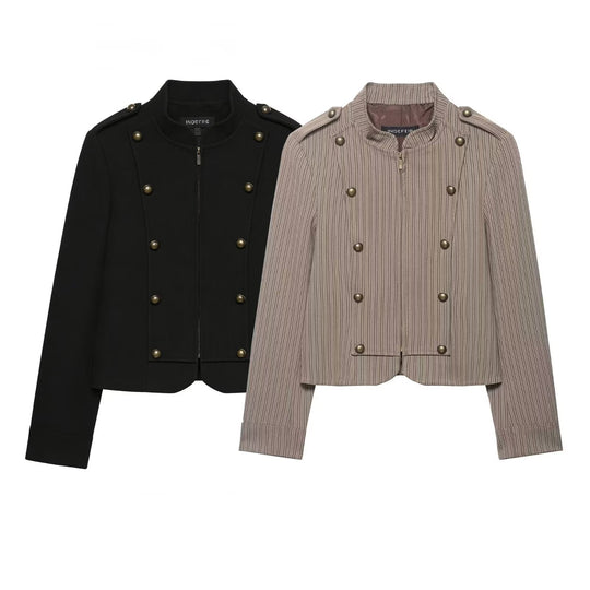 Damen Kurzjacke im Military-Stil mit Stehkragen, Zierknopfleiste und feinem Nadelstreifen Nord Taschen