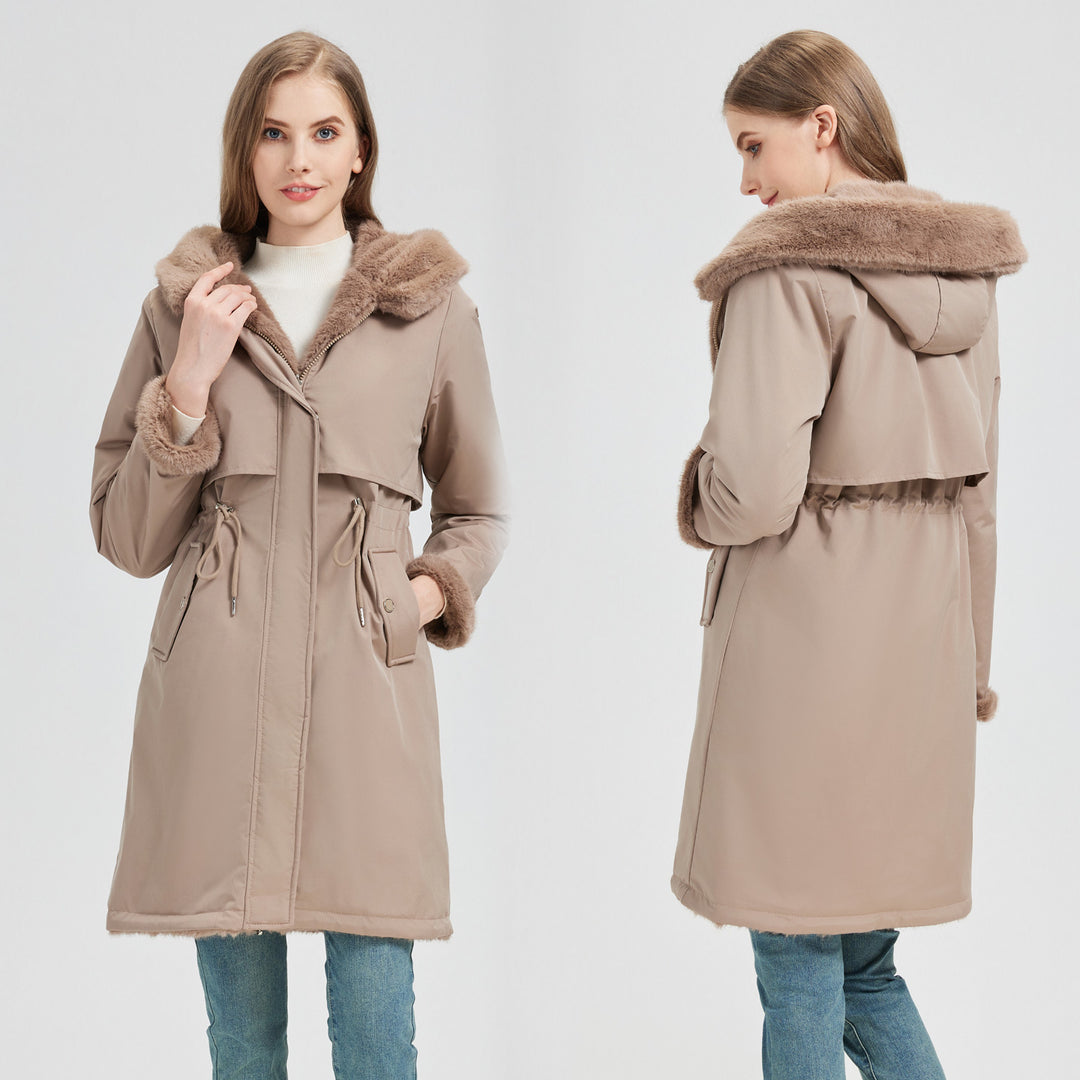 Damen nan taillierter langer Thermoparka mit Webpelzbesatz an Kapuze und Ärmeln sowie Kordeltaille Nord Taschen