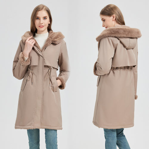 Damen nan taillierter langer Thermoparka mit Webpelzbesatz an Kapuze und Ärmeln sowie Kordeltaille Nord Taschen